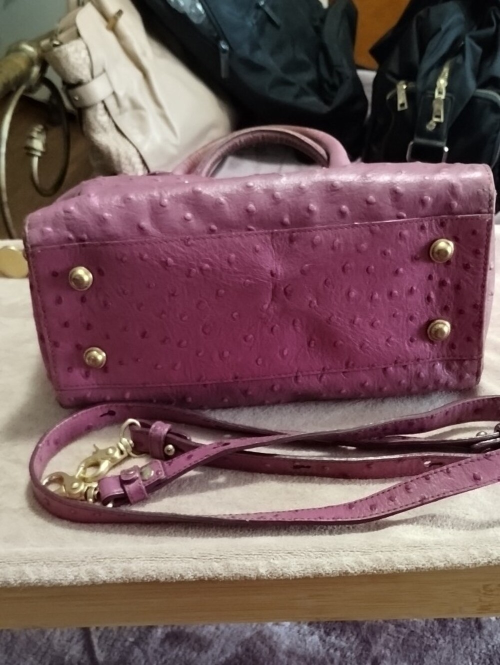 Brahmin Plum Ostrich-Embossed Leather Satchel with Detachable Strap - Picture 5 of 11